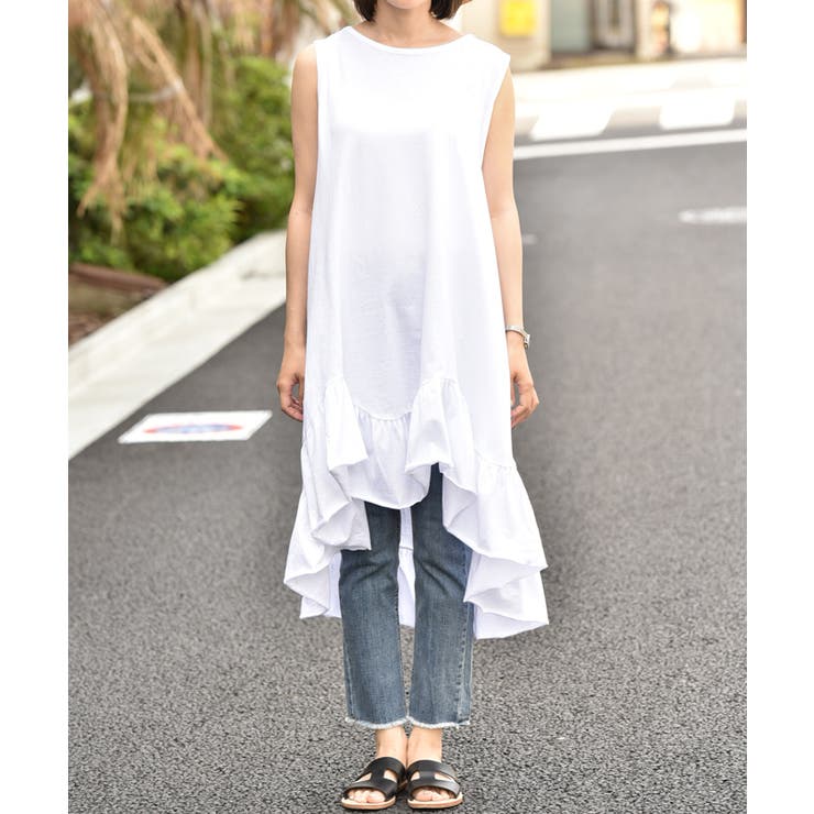 たっぷり裾フリルテールカットワンピース(ノースリーブ タンクトップ 切りっぱなし | coca | 詳細画像4 