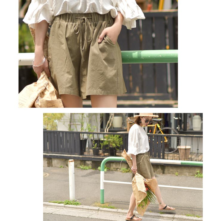 コットン100％ウエストリボンフレアショートパンツ(ハーフパンツ