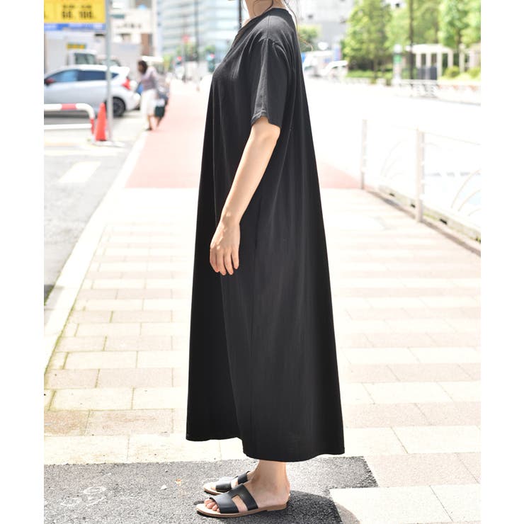 値下げしてます　ENFOLDブラック カットソーロングワンピース 半袖 ポケット付きロング丈カットソーワンピース(ロングワンピース