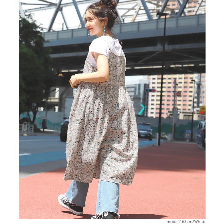 レトロ小花柄Aラインキャミワンピース(キャミソール チュニック