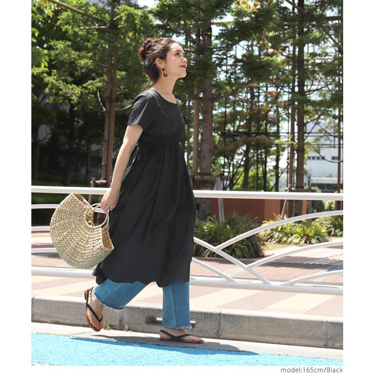 リボンデザインウエストギャザーワンピース(ロング丈 無地 半袖[品番