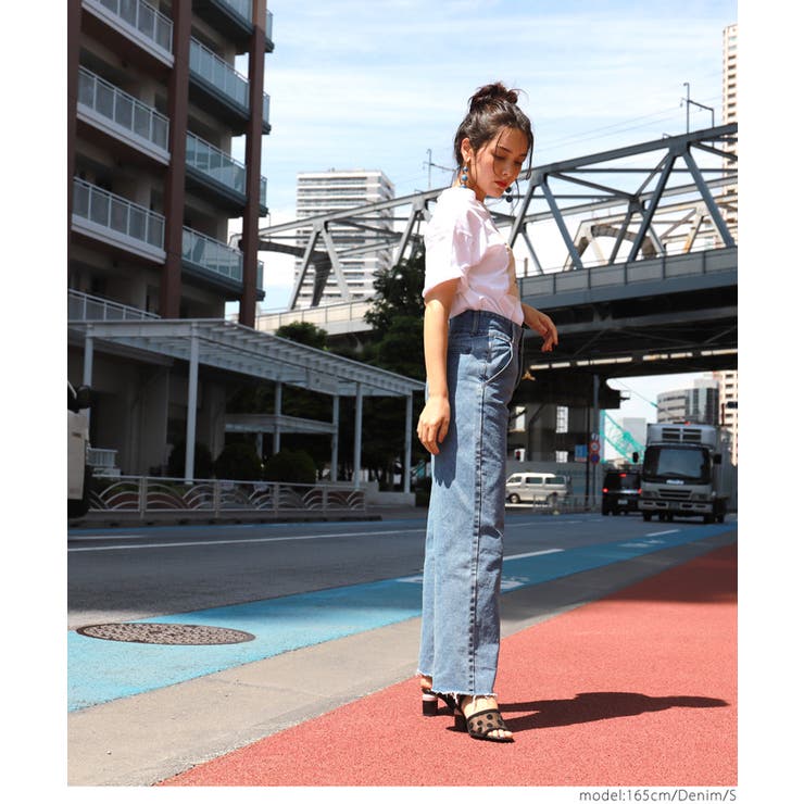 3つボタンハイウエストストレートデニムパンツ(切りっぱなし カット