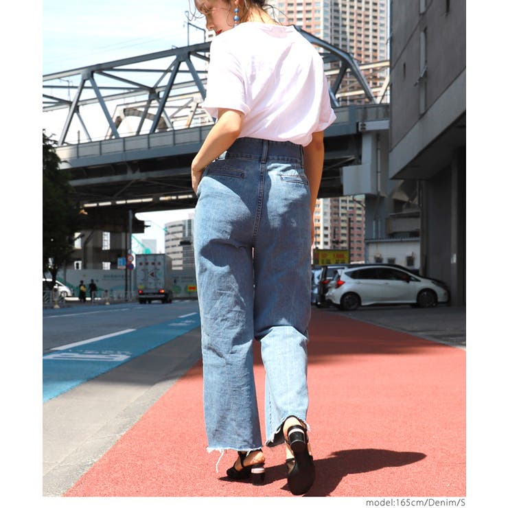 ハイウエスト サイドカット デニム ストレート パンツ 韓国 3つボタンハイウエストストレートデニムパンツ(切りっぱなし