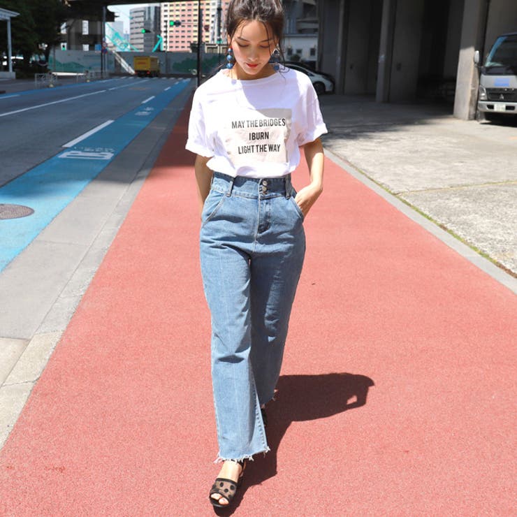 3つボタンハイウエストストレートデニムパンツ(切りっぱなし 3つボタンハイウエストストレートデニムパンツ(切りっぱなし