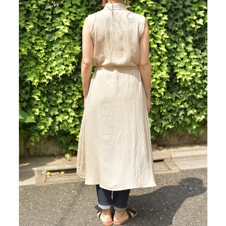 【美品】ソブ　シャツワンピース　ロング　ベルト　リボン　ノースリーブ　ベージュ zhuimr-056-4.jpg