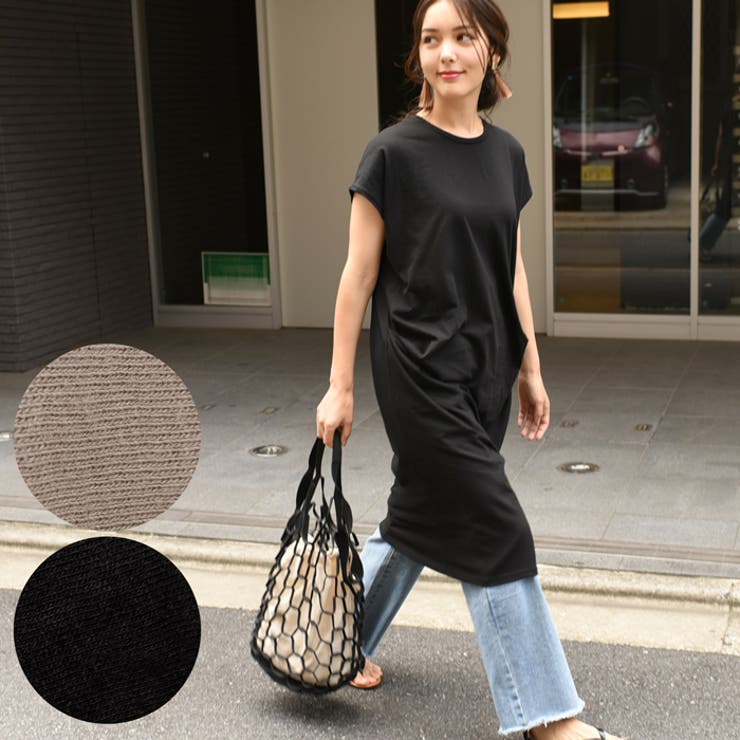 美品 ４５R インディゴ クルーネックカットソーワンピース 半袖 0 サイドタック入りカットソーワンピース(ロングワンピース 半袖