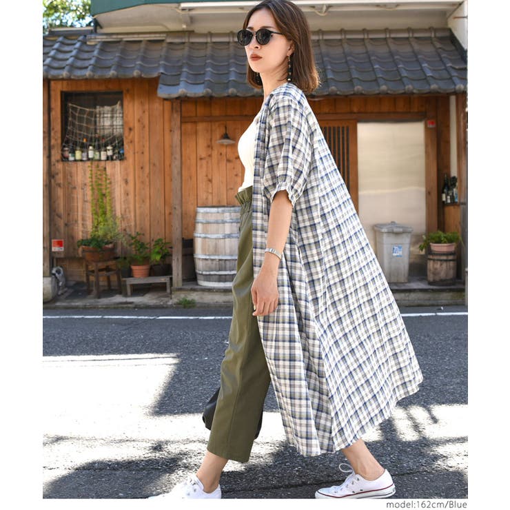 ウエストリボン付きチェック柄シャツワンピース(ロング丈 カーディガン