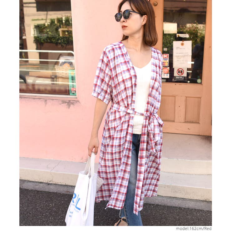 ウエストリボン付きチェック柄シャツワンピース(ロング丈 カーディガン 