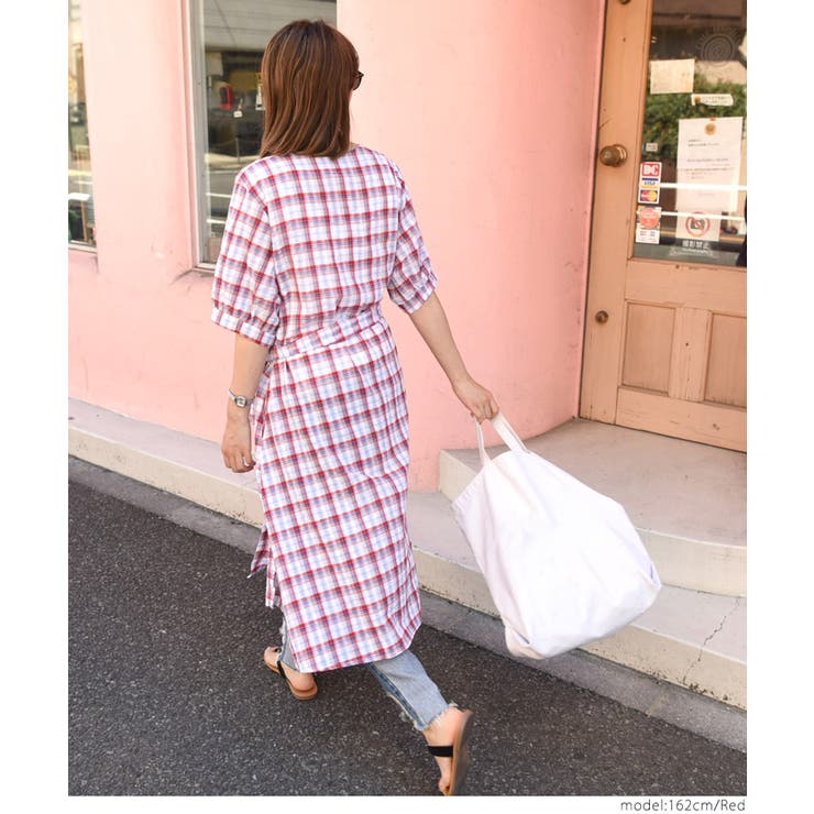 ウエストリボン付きチェック柄シャツワンピース(ロング丈 カーディガン 