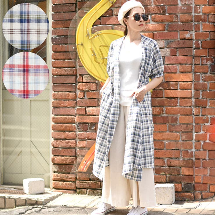 ウエストリボン付きチェック柄シャツワンピース(ロング丈 カーディガン