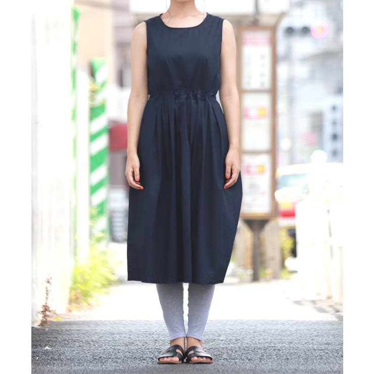 ウエストギャザーフロントタックノースリーブワンピース(無地 Aライン  