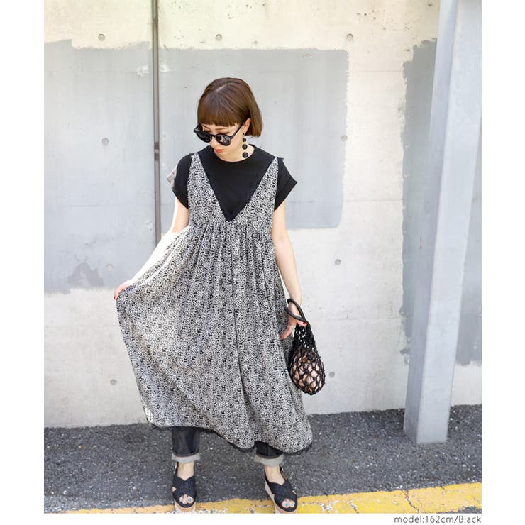 縁取りレース花柄ジャンパースカート[品番：PA000010070]｜coca（コカ