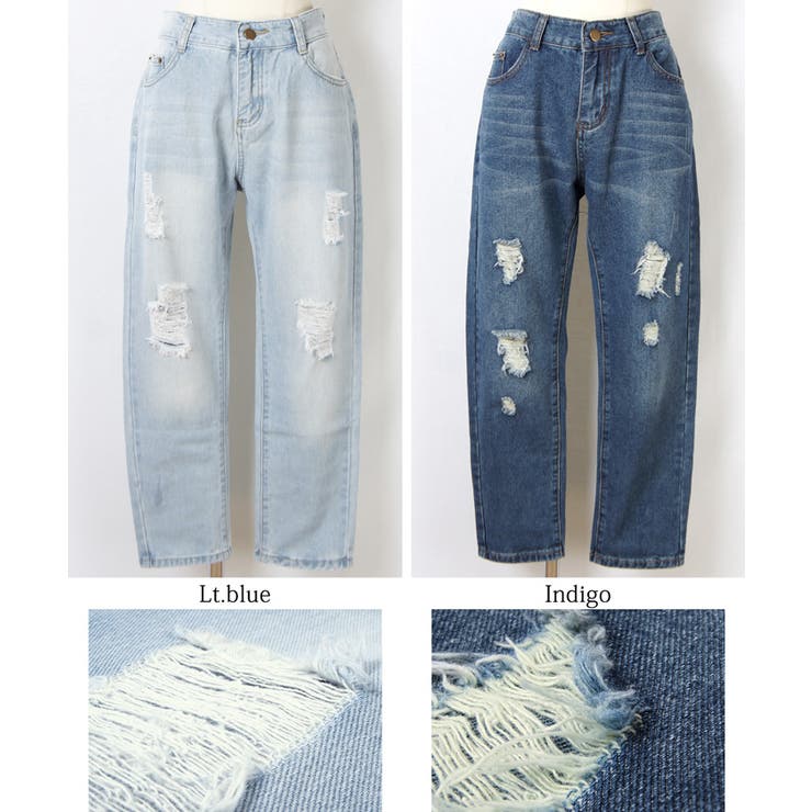 ゆったりシルエットのダメージデニムパンツ（ボーイフレンド