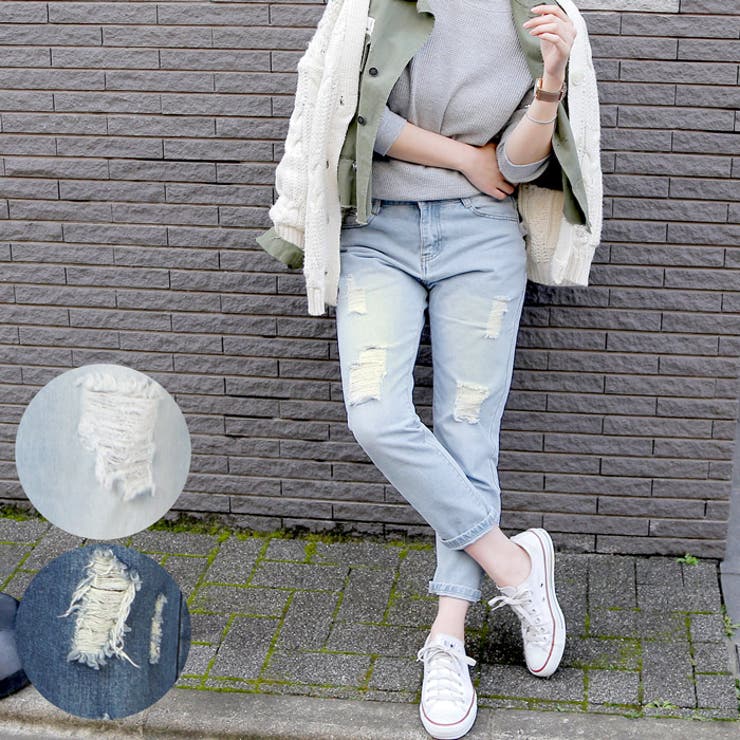 ゆったりシルエットのダメージデニムパンツ（ボーイフレンド ジーンズ クロップド丈 | coca | 詳細画像1 