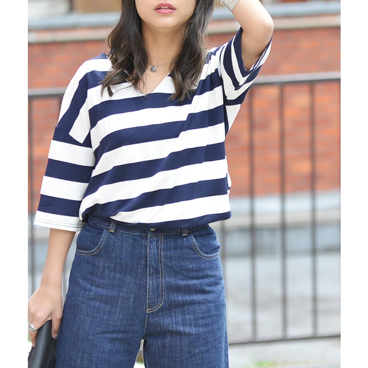 ティッカ✨ボーダー半袖カットソー おしゃれ袖 FREE SIZE ティッカ✨ボーダー半袖カットソー おしゃれ袖 FREE SIZE