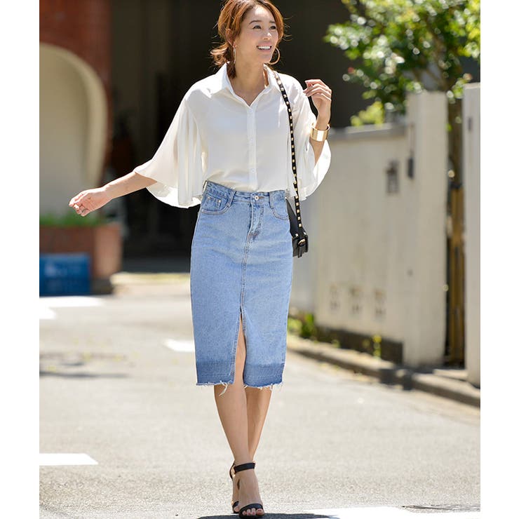 グラデーションスリットデニムスカート(フリンジ ハーフ丈 フレイドヘム | coca | 詳細画像5 