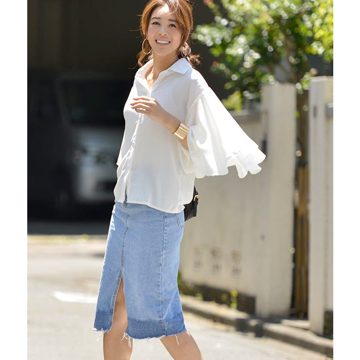 グラデーションスリットデニムスカート(フリンジ ハーフ丈 フレイドヘム | coca | 詳細画像6 