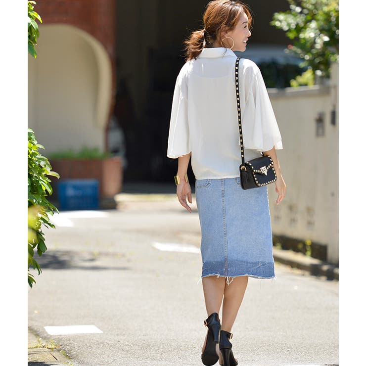 グラデーションスリットデニムスカート(フリンジ ハーフ丈 フレイドヘム | coca | 詳細画像8 