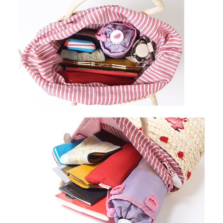 フラミンゴ刺繍かごバッグ(カゴバッグ 籠バッグ カバン[品番