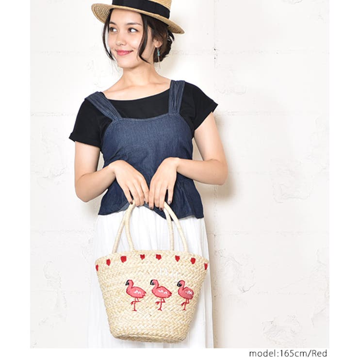 フラミンゴ刺繍かごバッグ(カゴバッグ 籠バッグ カバン[品番