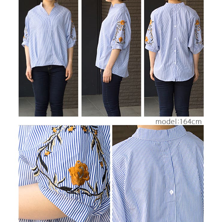 FUMIE=TANAKA ブラウス ブラック ストライプ 長袖 刺繍 セール