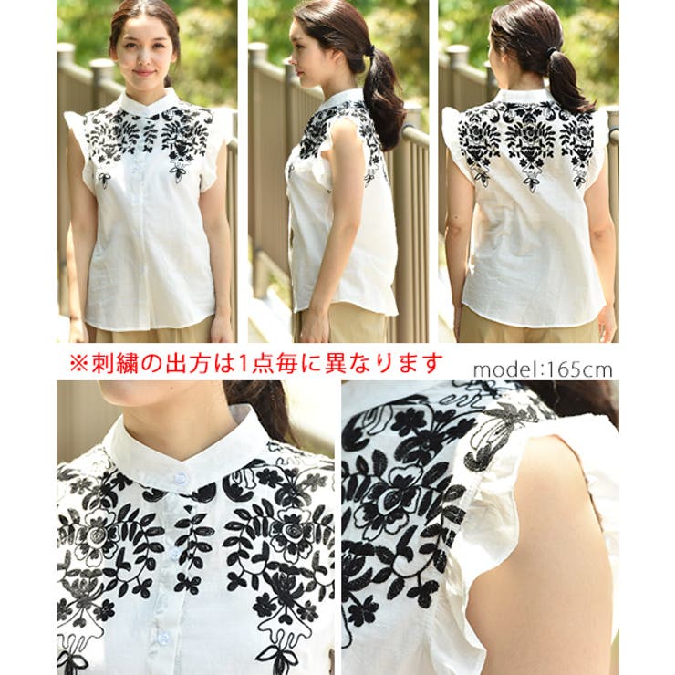 再入荷】上品モノトーン花柄刺繍袖フリルシャツ(ノースリーブ モノクロ 