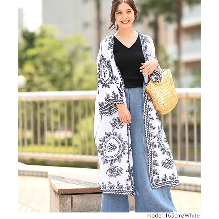 大人上品モノトーン刺繍ロングガウン(羽織り トッパー 刺しゅう