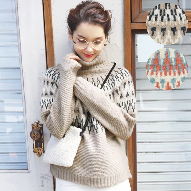 ノルディック柄タートルネックニットトップス[品番：PA000009517