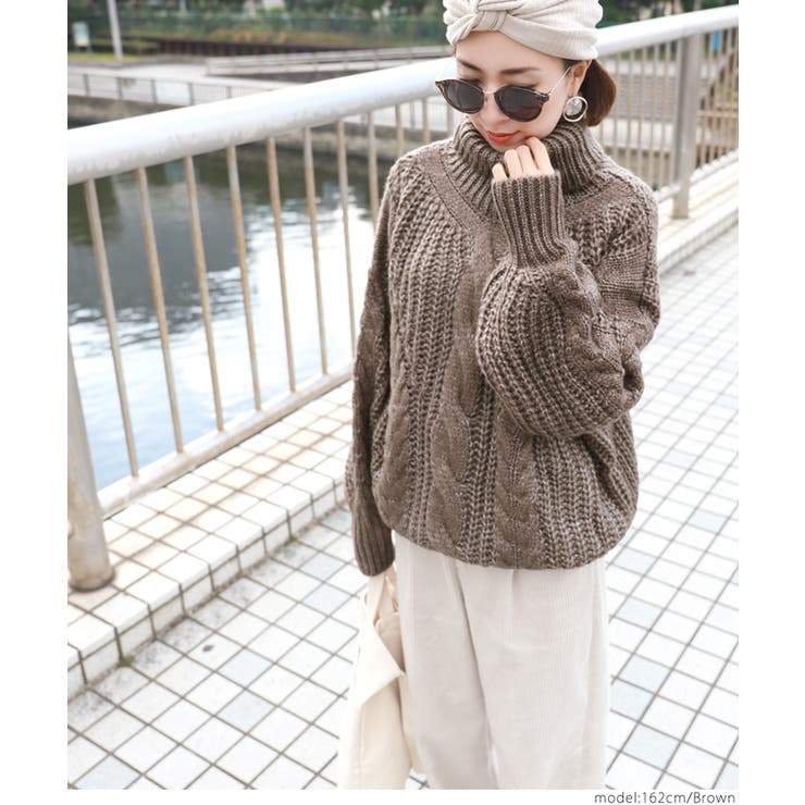 ざっくりオーバーサイズタートルネックケーブルニット(セーター オフ