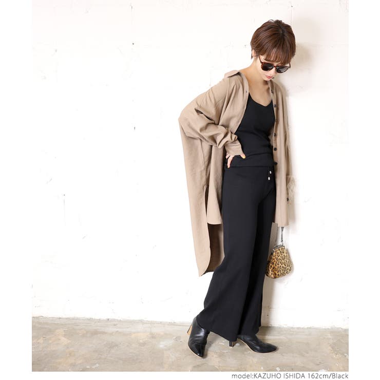 しっとりやわらかニットワイドパンツ 石田一帆さん着用(ロングパンツ