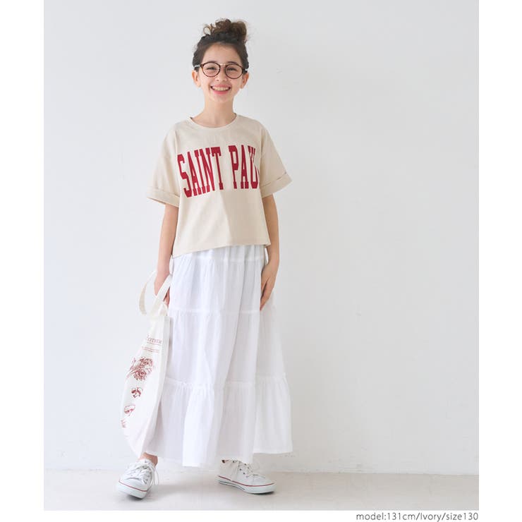 ［Ivory］ | 親子お揃いクロップド丈ロールアッププリントTシャツ キッズ | coca