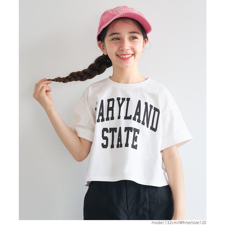 ［White］ | 親子お揃いクロップド丈ロールアッププリントTシャツ キッズ | coca