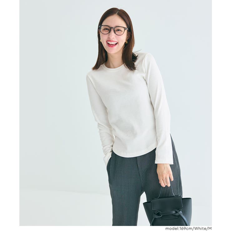 [White] | シンプルで使いやすい、リブ素材のクルーネック長袖Tシャツ | coca