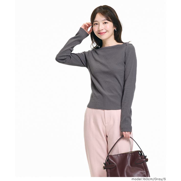 ［Gray］ | デコルテを美しく見せるボートネックデザインのリブカットソー | coca
