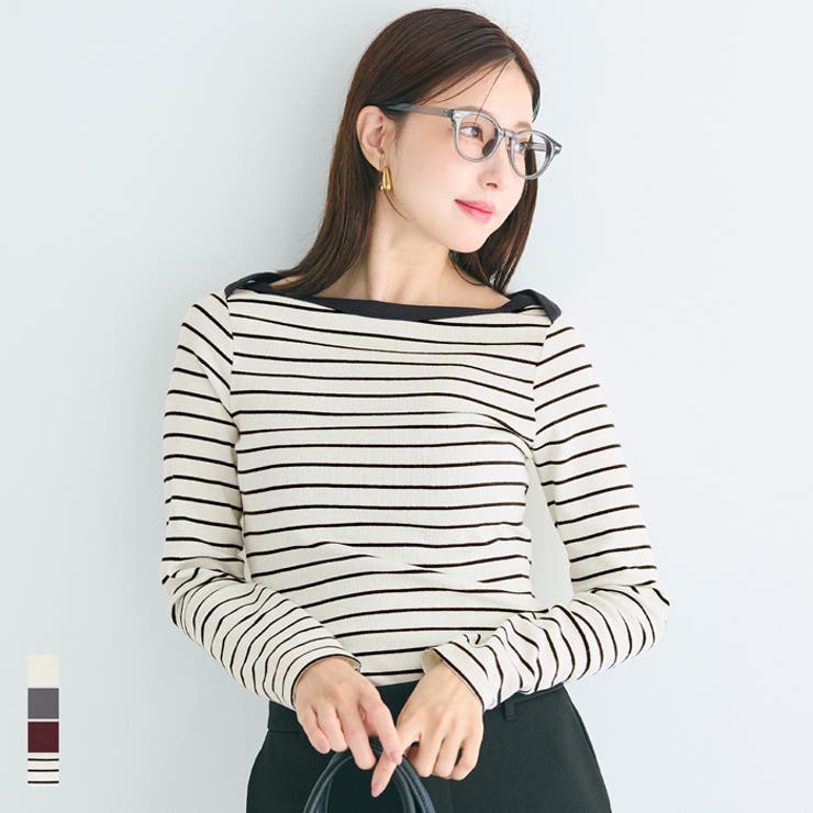 デコルテを美しく見せるボートネックデザインのリブカットソー | coca | 詳細画像1 