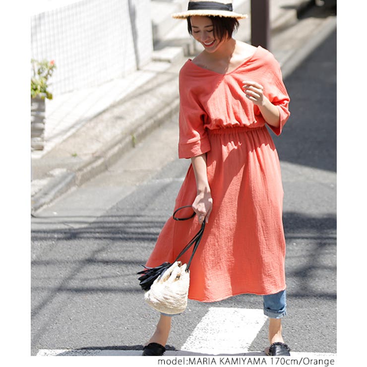 シボ素材深Vネックコットンロングワンピースcocaオリジナル(七分袖 綿100％ | coca | 詳細画像5 