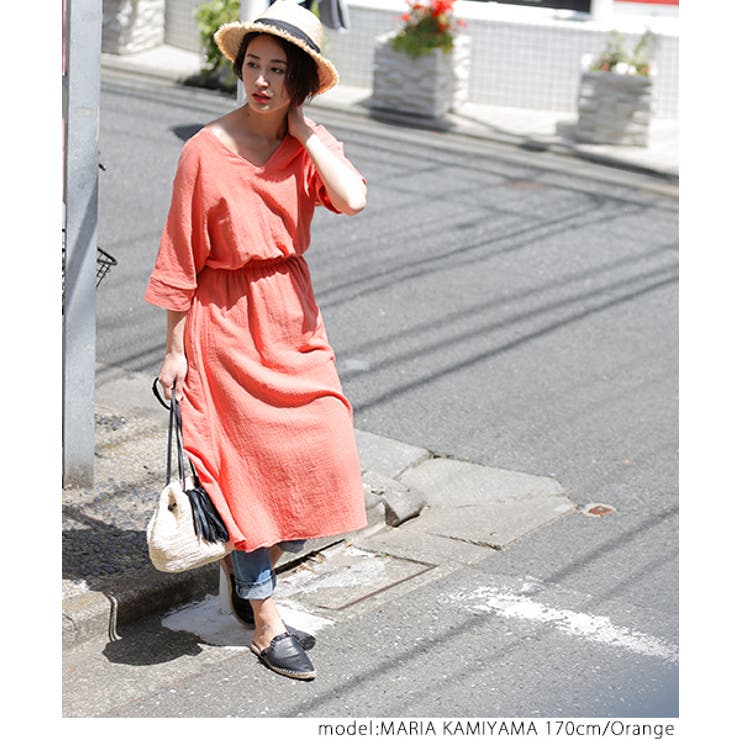 シボ素材深Vネックコットンロングワンピースcocaオリジナル(七分袖 綿100％ | coca | 詳細画像6 