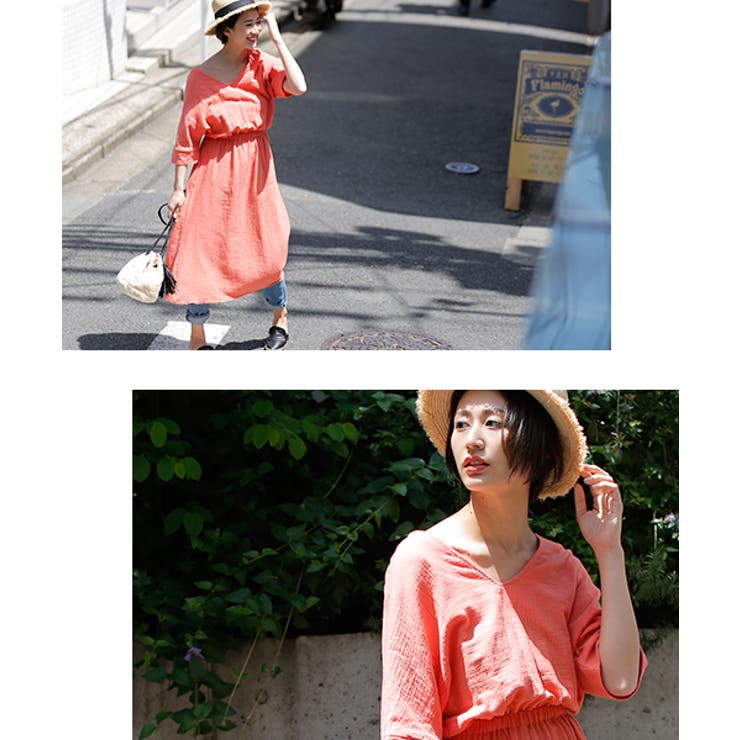 シボ素材深Vネックコットンロングワンピースcocaオリジナル(七分袖 綿100％ | coca | 詳細画像7 