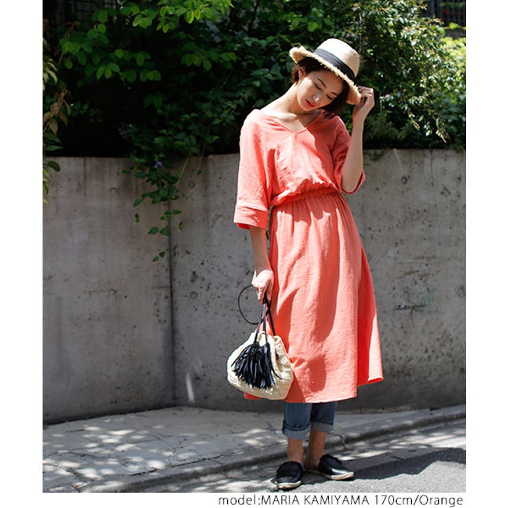 シボ素材深Vネックコットンロングワンピースcocaオリジナル(七分袖 綿100％ | coca | 詳細画像8 