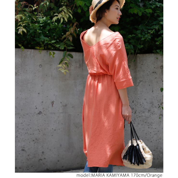 シボ素材深Vネックコットンロングワンピースcocaオリジナル(七分袖 綿100％ | coca | 詳細画像10 