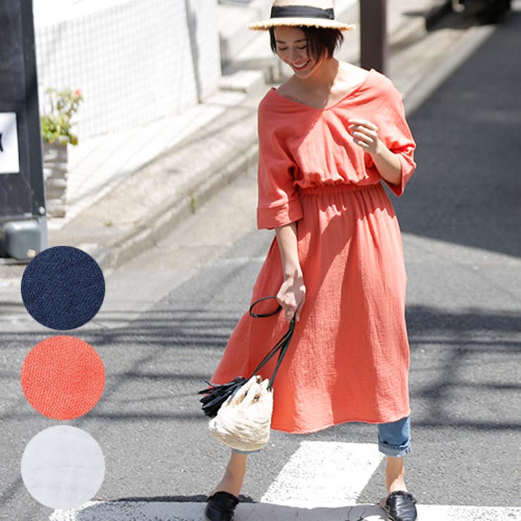 シボ素材深Vネックコットンロングワンピースcocaオリジナル(七分袖 綿100％ | coca | 詳細画像1 