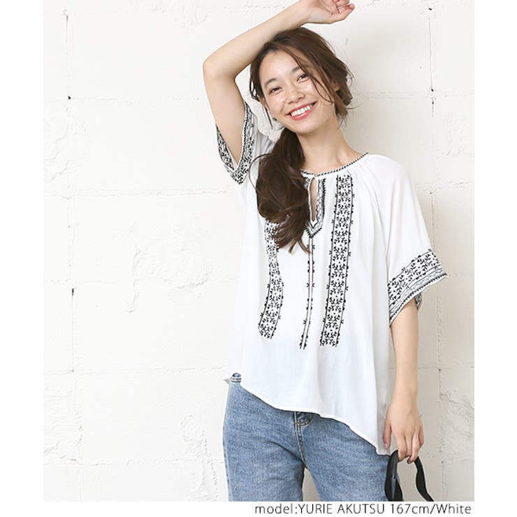 キョウコヒガ【美品】刺繍　ボヘミアン　カットソー 優待価格[EUCLAID](汗染み防止)イレギュラーヘムカットソー