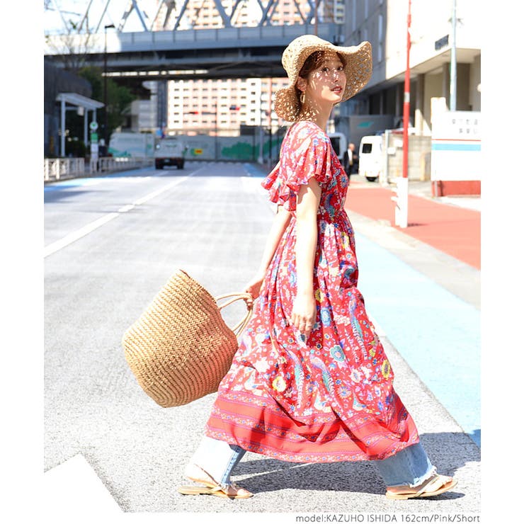 フレアスリーブオリエンタル柄カシュクールワンピースcoca