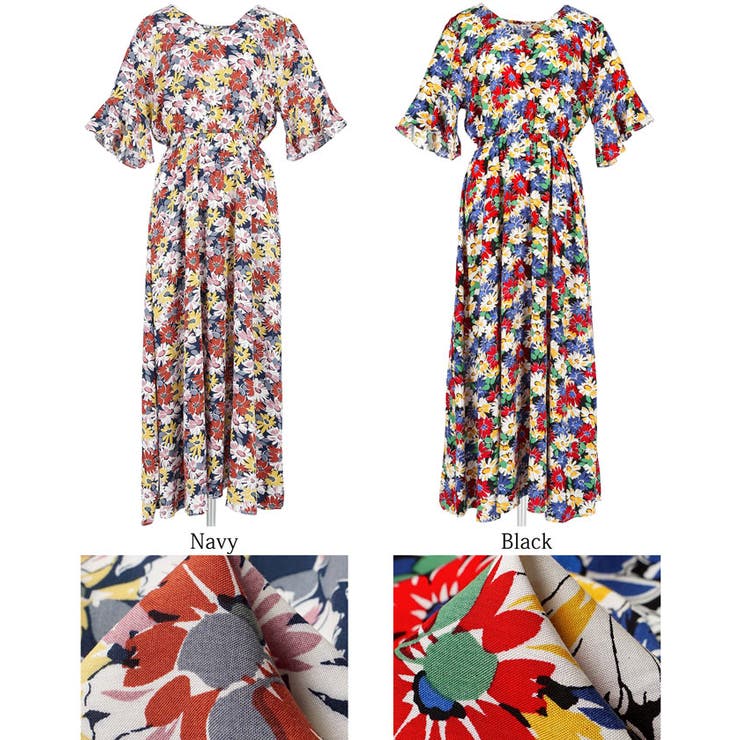 フレアスリーブ花柄ロングワンピースcocaオリジナル[品番