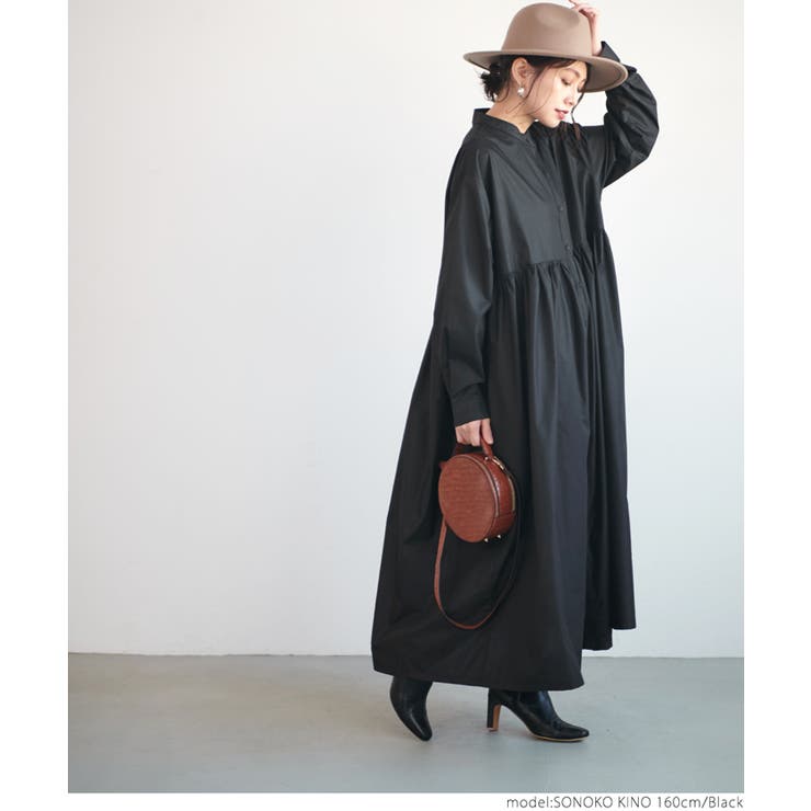 バンドカラーウエストギャザーワンピース[品番：PA000011167