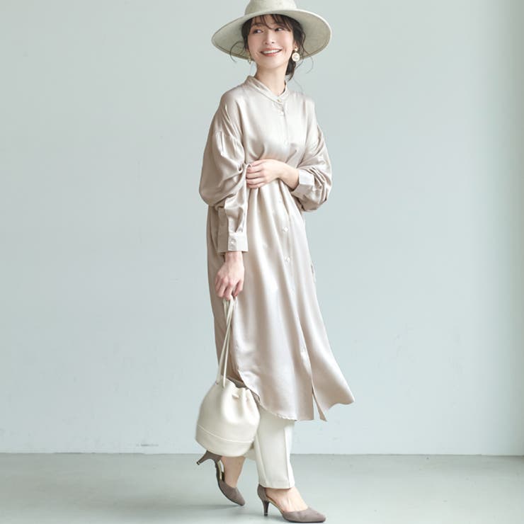 2292Z 美品 ルフィル ストレッチシャツワンピース バンドカラー 長袖 白 2292Z 美品 ルフィル ストレッチシャツワンピース バンドカラー