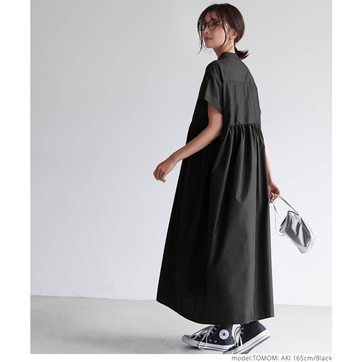 【20SS】Plantation バンドカラー シャツワンピース 麻100% 黒 シャツワンピース バンドカラー マタニティ Aラインシルエット
