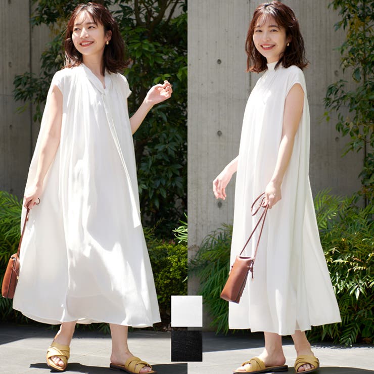 ボウタイノースリーブとろみワンピース [品番：PA000011872]｜coca