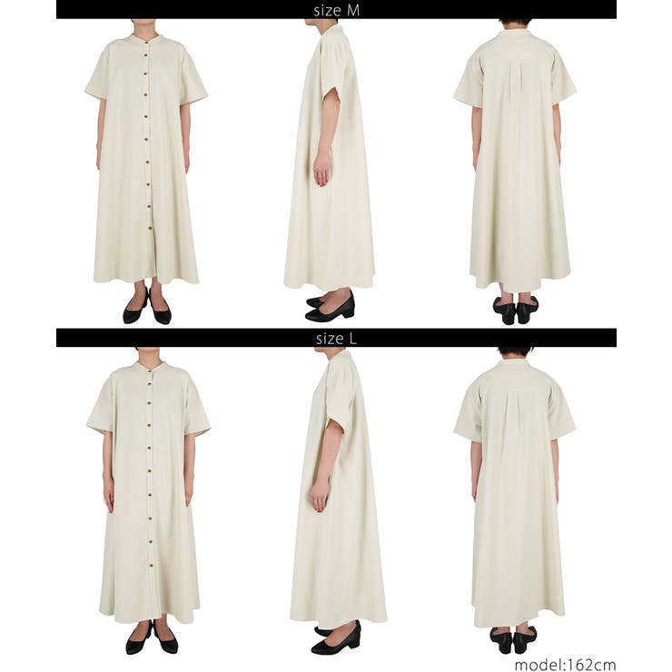 バンドカラー五分袖リネンワンピース[品番：PA000011893]｜coca