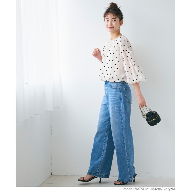 ドゥロワー Drawer シアーブラウス ギャザー ドット 透け感 ネイビー 紺 シアードットジャカード・ギャザーブラウス/40代50代からの